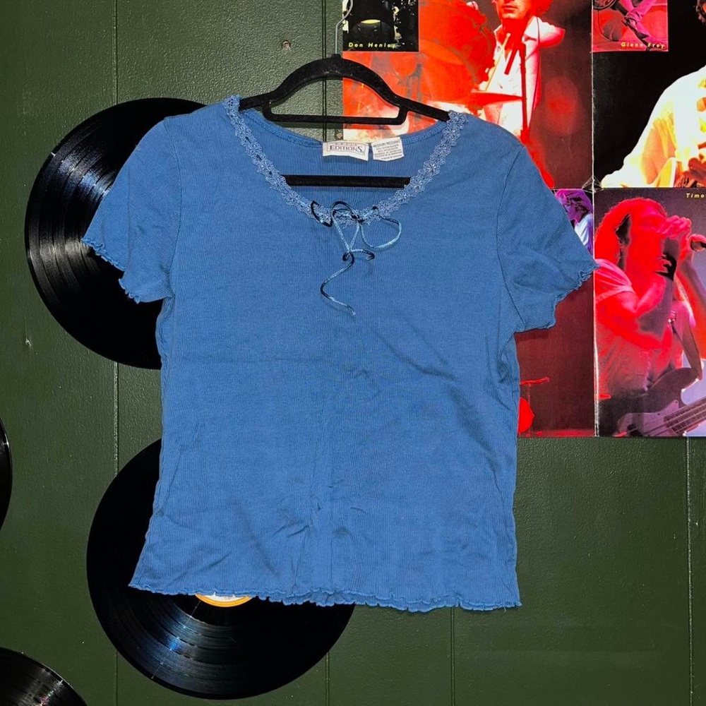 90s cute, simple, blue V-neck blouse, with front tie